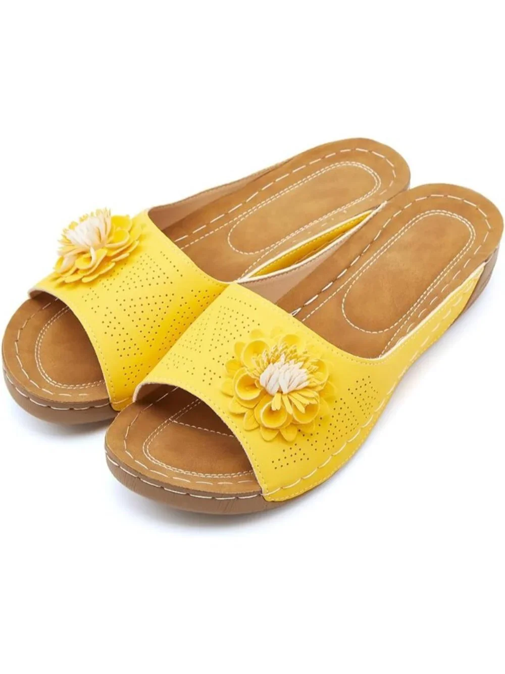 Women's Yellow Faux Leather Summer Wedge Low Open Toe Slide Dressy Flower Sandal